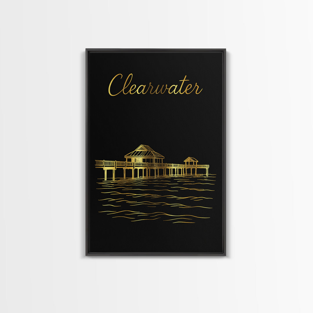 Clearwater Travel Poster, Framed Canvas Print, Gold Outline Poster Art, Clearwater Poster Print, Wanderlust Decor, City Illustration