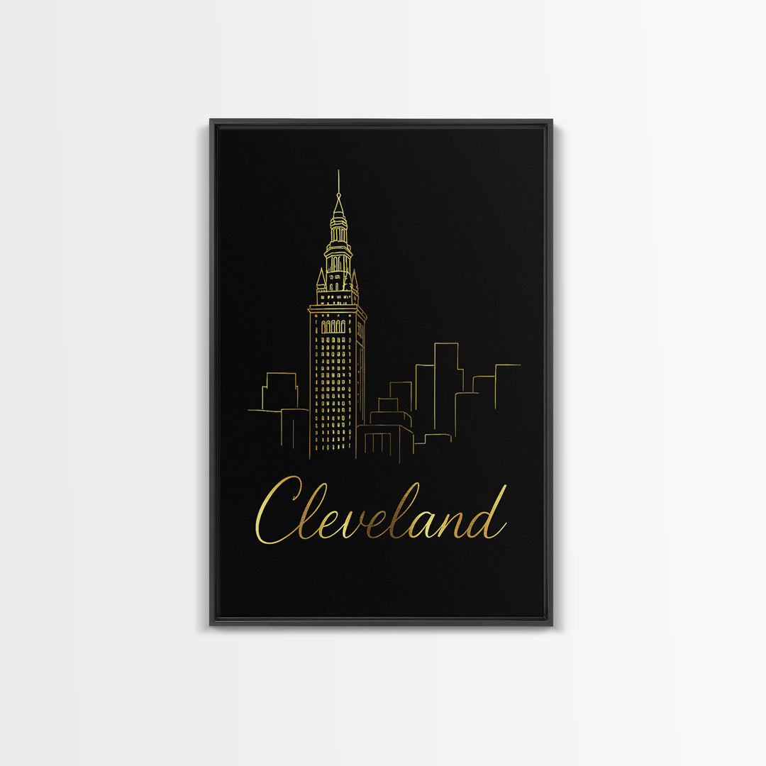Cleveland Ohio Travel Poster, Framed Canvas Print, Minimalist Gold Line Art, Cleveland City Art, Fine Art Print, City Travel Prints