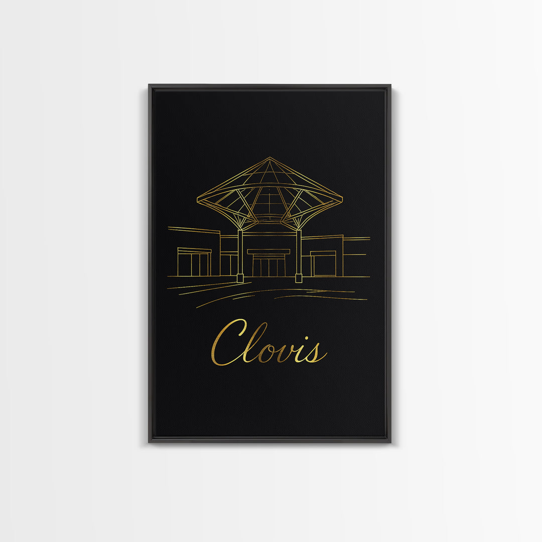 Clovis Travel Poster, Canvas Print, Gold Outline Poster Art, Clovis Travel Art, City Art Print, Mid Century Wall Art, Watercolor Skyline