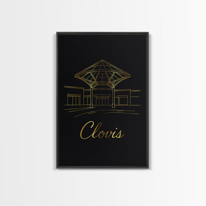 Clovis Travel Poster, Canvas Print, Gold Outline Poster Art, Clovis Travel Art, City Art Print, Mid Century Wall Art, Watercolor Skyline