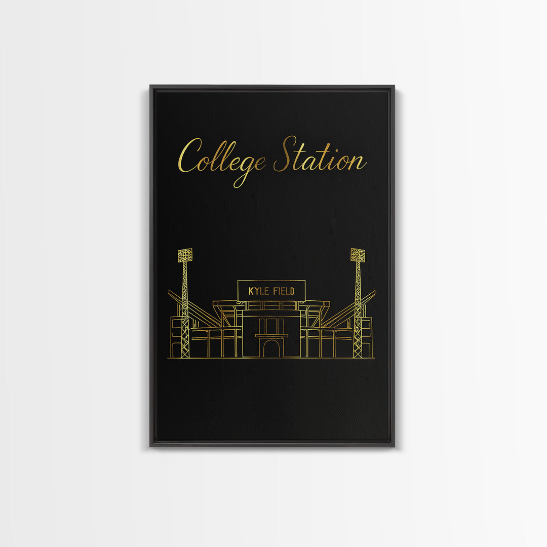 College Station Travel Poster, Framed Canvas Print, Minimalist Gold Line Art, College Station Travel Art, Watercolor Skyline