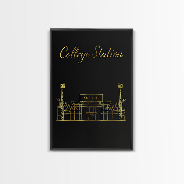 College Station Travel Poster, Framed Canvas Print, Minimalist Gold Line Art, College Station Travel Art, Watercolor Skyline