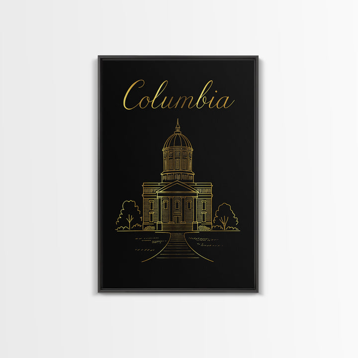 Columbia Travel Poster, Framed Canvas Print, Gold Outline Poster Art, Columbia Poster Print, City Art Print, Vintage Travel Print