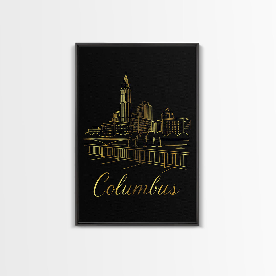 Columbus Ohio Travel Poster, Framed Canvas Print, Black Gold Minimalist Art, Columbus Travel Art, Travel Wall Art, Living Room Wall Art