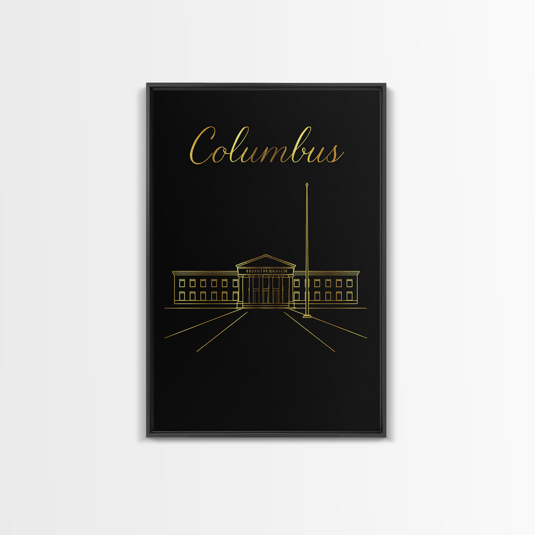 Columbus Travel Poster, Framed Canvas Print, Dark Minimalist Wall Art, Columbus Travel Art, Travel Poster Art, Mid Century Wall Art