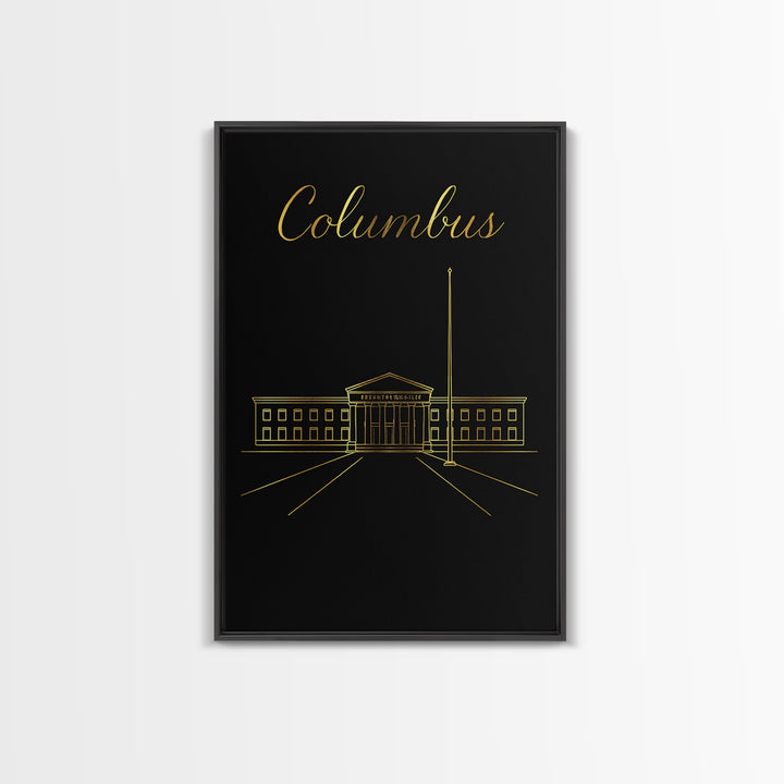 Columbus Travel Poster, Framed Canvas Print, Dark Minimalist Wall Art, Columbus Travel Art, Travel Poster Art, Mid Century Wall Art