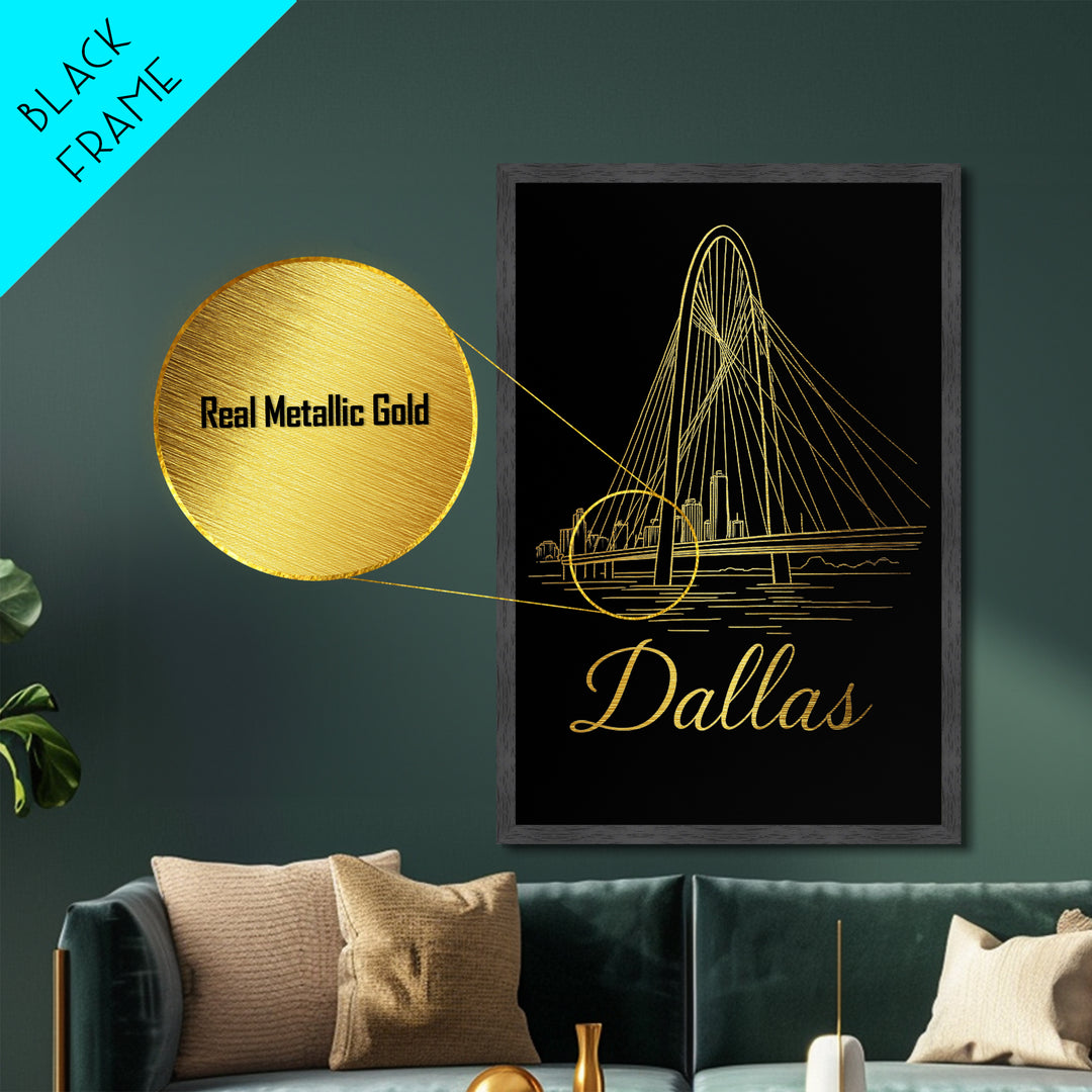 Dallas Texas Travel, Metallic Gold Print, Wood Framed Art, Metal Art, Modern Wall Art, Honeymoon Gift, Bedroom Wall Art