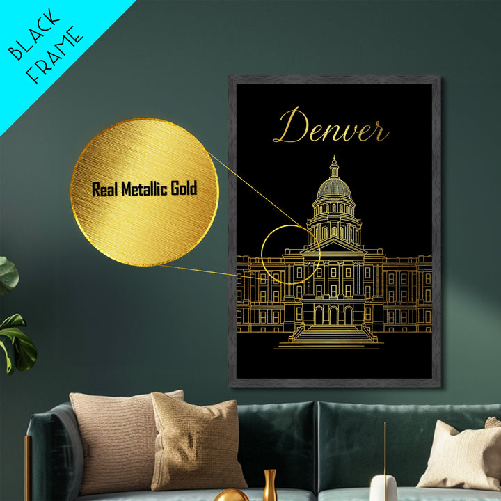 Denver Colorado Art, Metallic Gold Print, Wood Framed Art, Metal Art, Modern House Art, Retirement Gift, Bedroom Wall Art