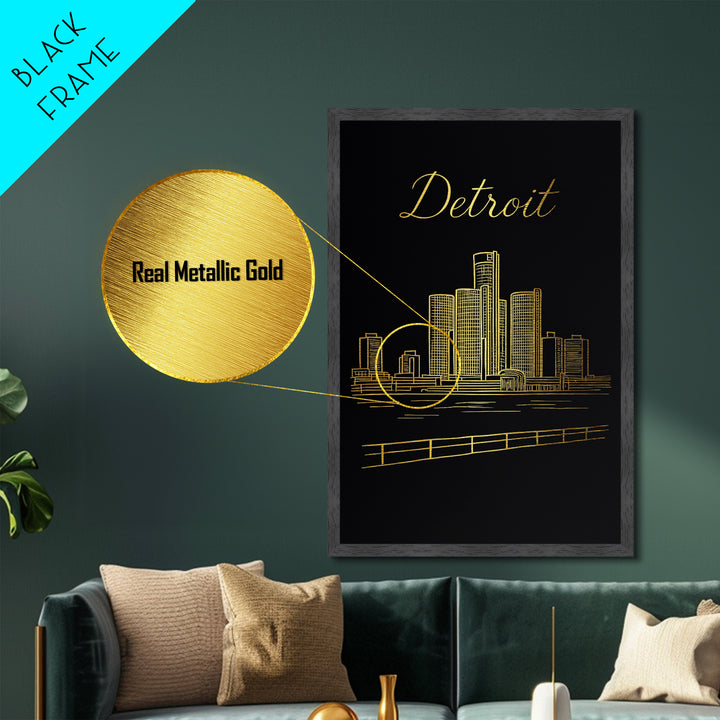 Detroit Michigan Travel, Metallic Gold Art, Wood Framed Art, Metal Art, Modern Skyline Wall Print, Wanderlust Gift, Bedroom Art
