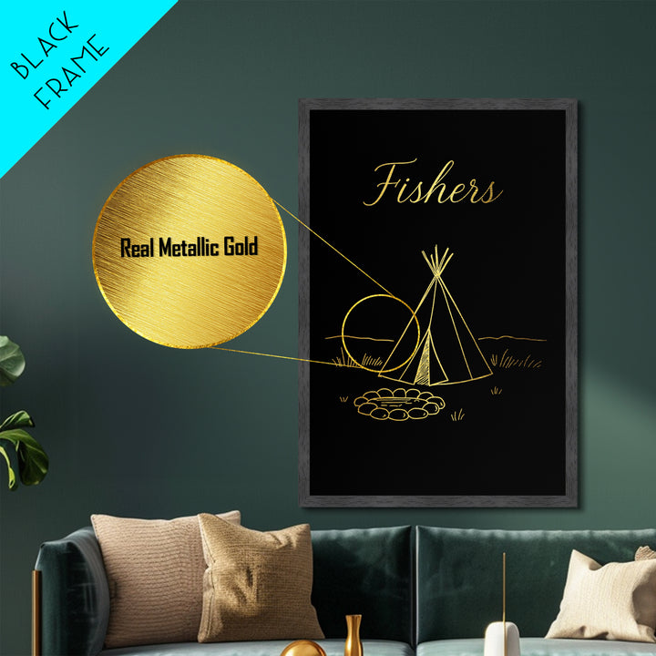 Fishers Indiana Travel, Metallic Gold Art, Wood Framed Art, Metal Art, Modern Skyline Wall Print, Graduation Gift, Bedroom Wall Art