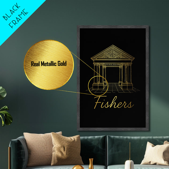 Fishers Indiana Art, Metallic Gold Print, Wood Framed Art, Metal Art, Modern House Art, Traveler Gift, Entryway Wall Print