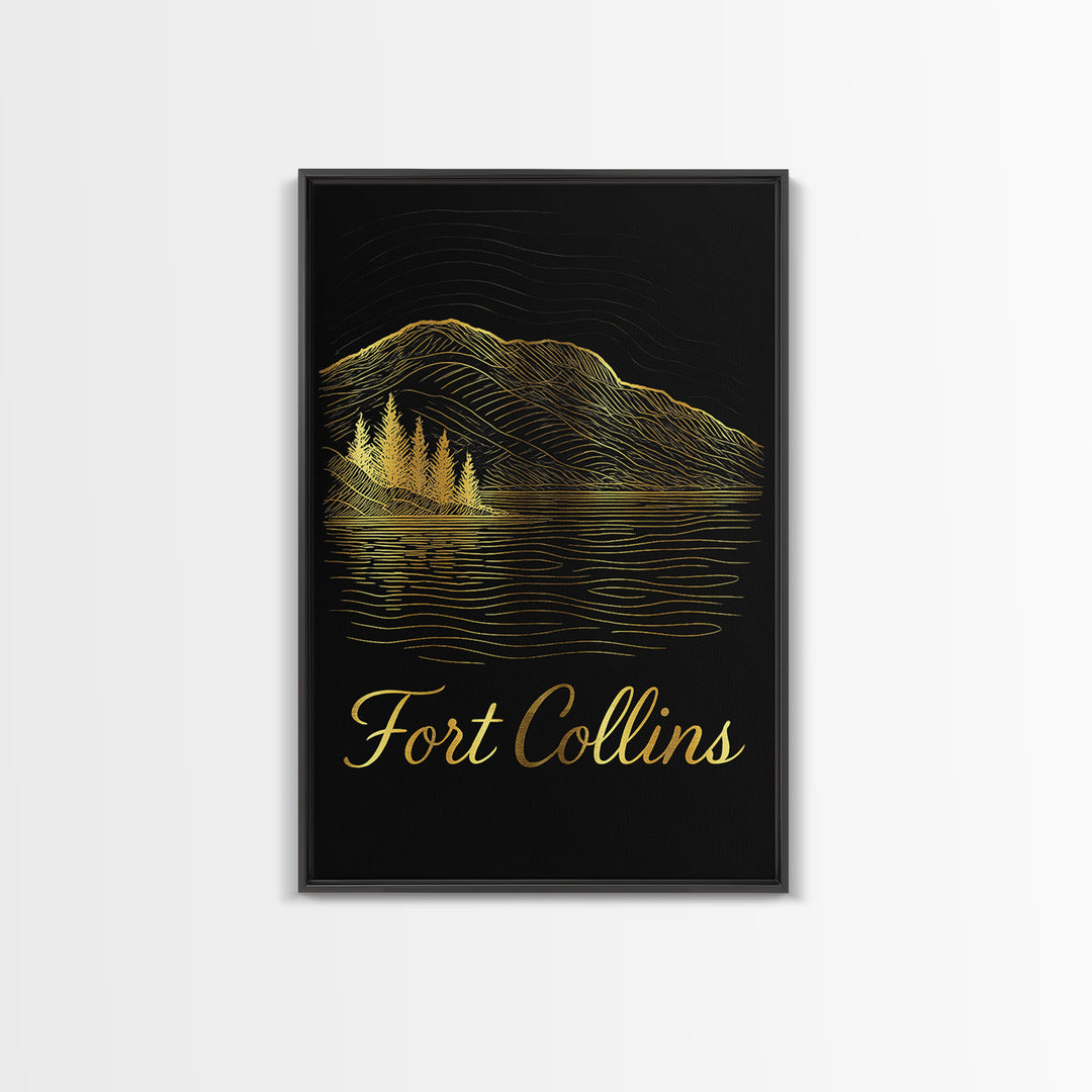 Fort Collins Travel Poster, Framed Canvas Print, Black Gold Minimalist Art, Fort Collins Wall Art, City Art Print, Fine Art Print