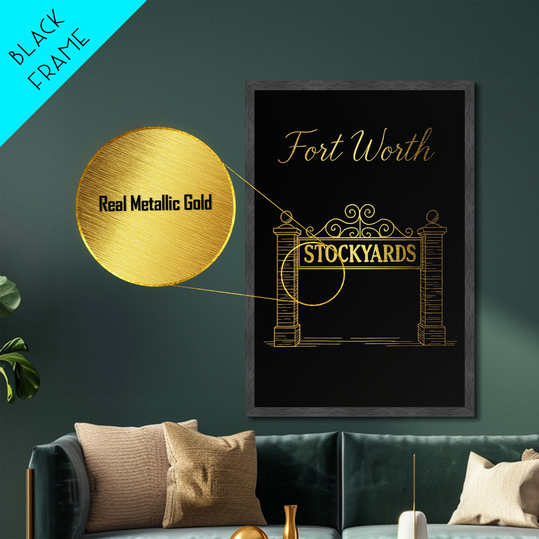 Fort Worth Texas Art, Metallic Gold Print, Wood Framed Art, Metal Art, Modern Wall Art, Anniversary Gift, Bedroom Art