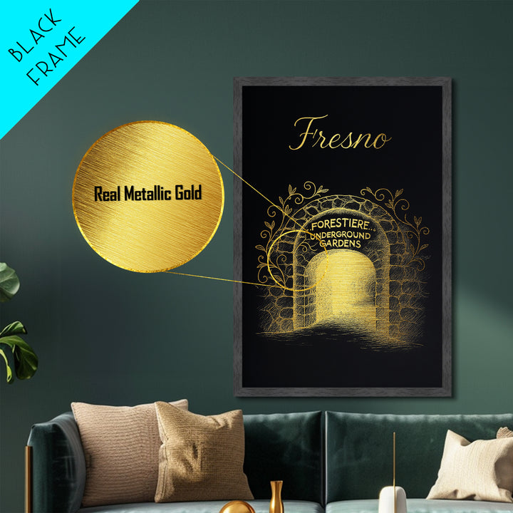 Fresno California Travel, Metallic Gold Art, Wood Framed Art, Metal Art, Modern Skyline Wall Print, Anniversary Gift, Entryway Wall Print