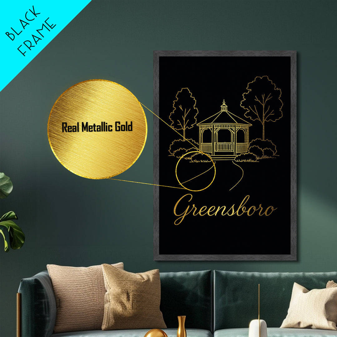 Greensboro North Carolina Art, Metallic Gold Print, Wood Framed Art, Metal Art, Modern House Art, Birthday Gift, Bedroom Wall Art