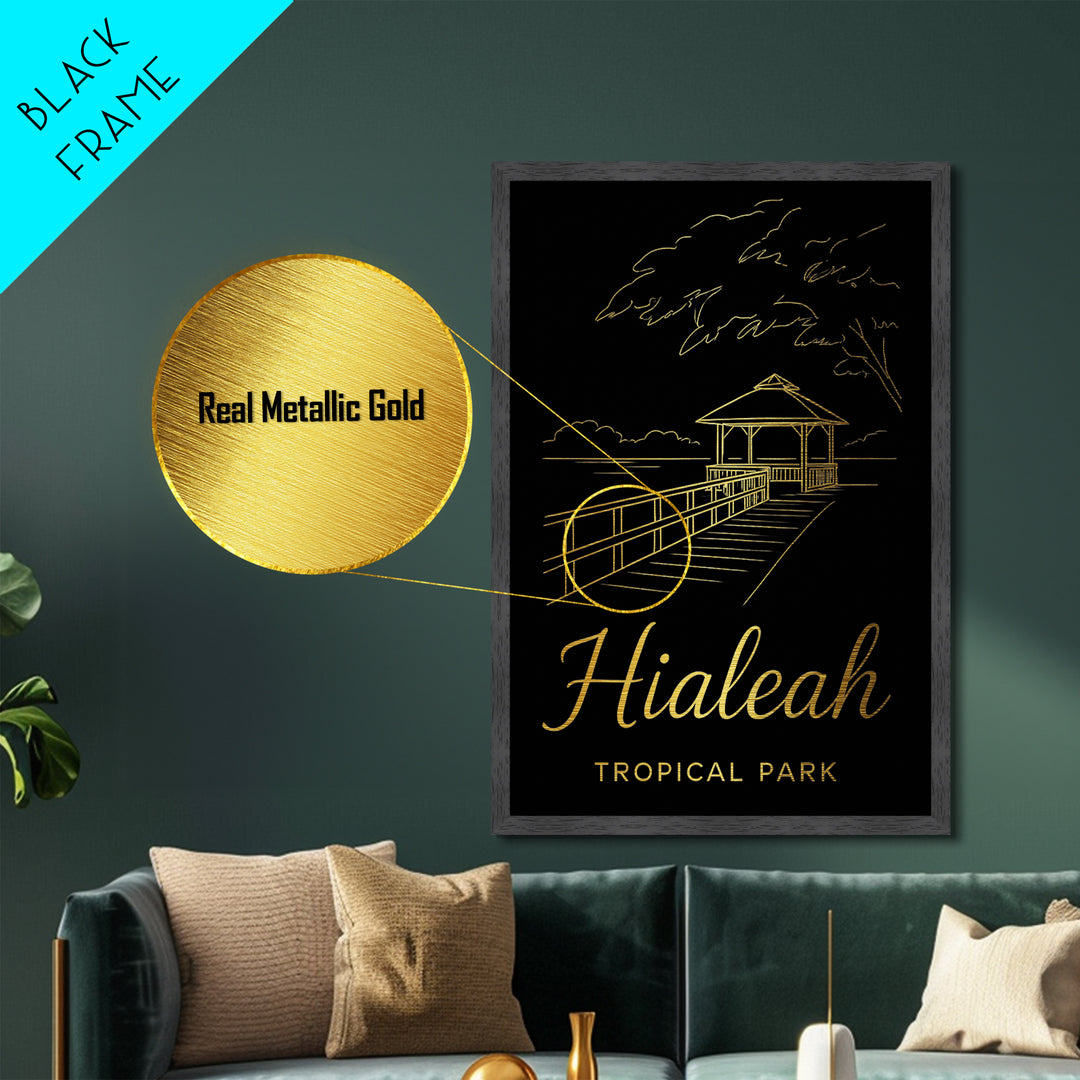 Hialeah Florida Travel, Metallic Gold Art, Wood Framed Art, Metal Art, Modern Skyline Wall Print, Anniversary Gift, Bedroom Art