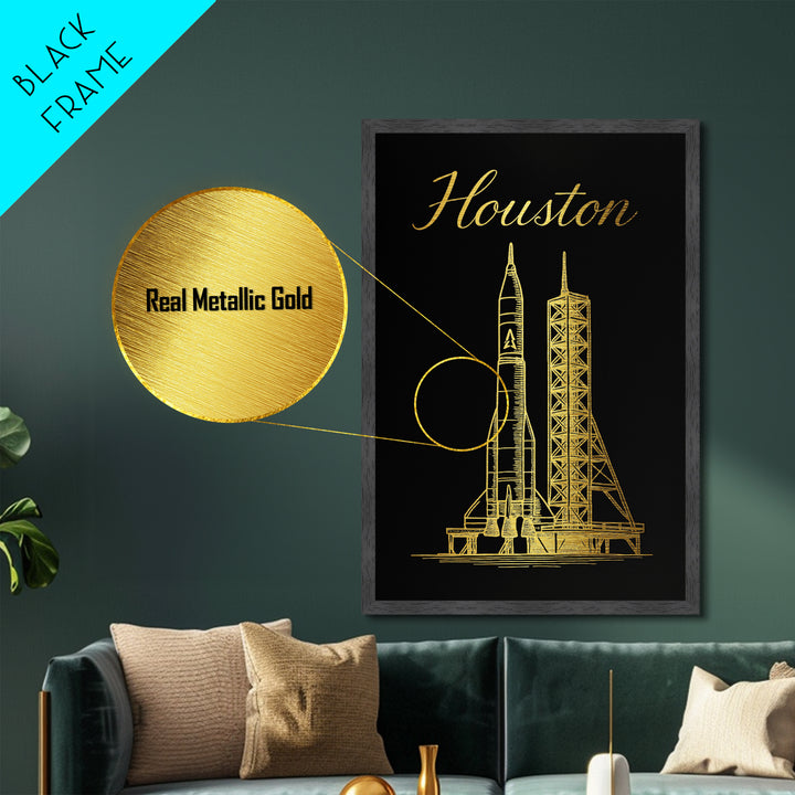 Houston Texas Art, Metallic Gold Print, Wood Framed Art, Metal Art, Modern Wall Art, Adventure Lover Gift, Entryway Wall Print