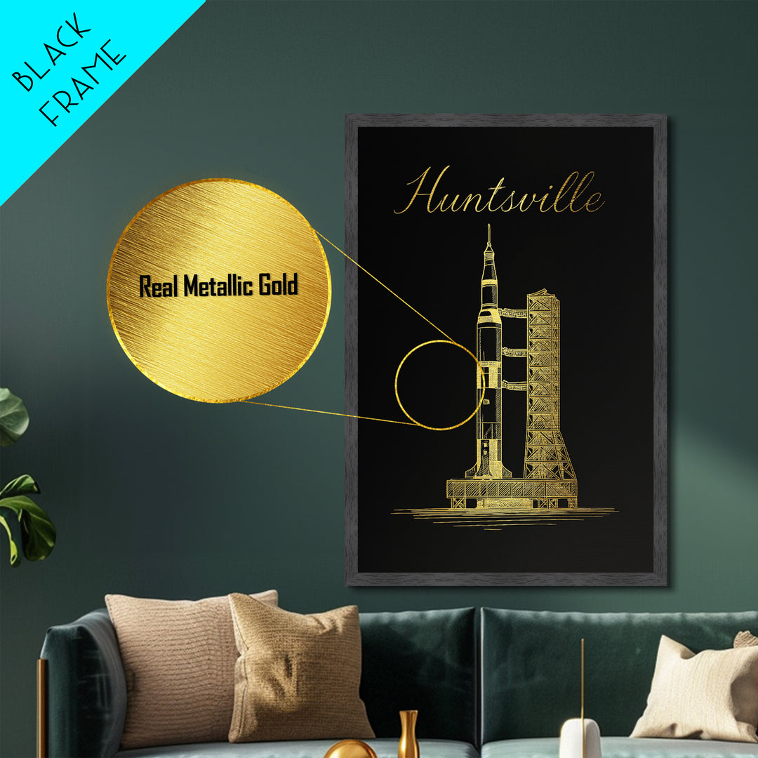 Huntsville Alabama Art, Metallic Gold Print, Wood Framed Art, Metal Art, Modern Wall Art, Graduation Gift, Bedroom Wall Art