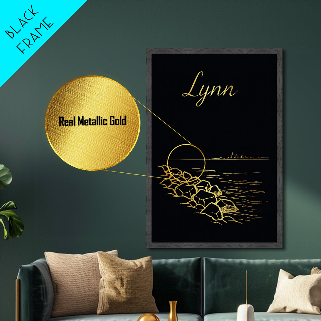 Lynn Massachusetts Art, Metallic Gold Art, Wood Framed Art, Metal Art, Traveler Gift, Entryway Wall Print, Living Room Art