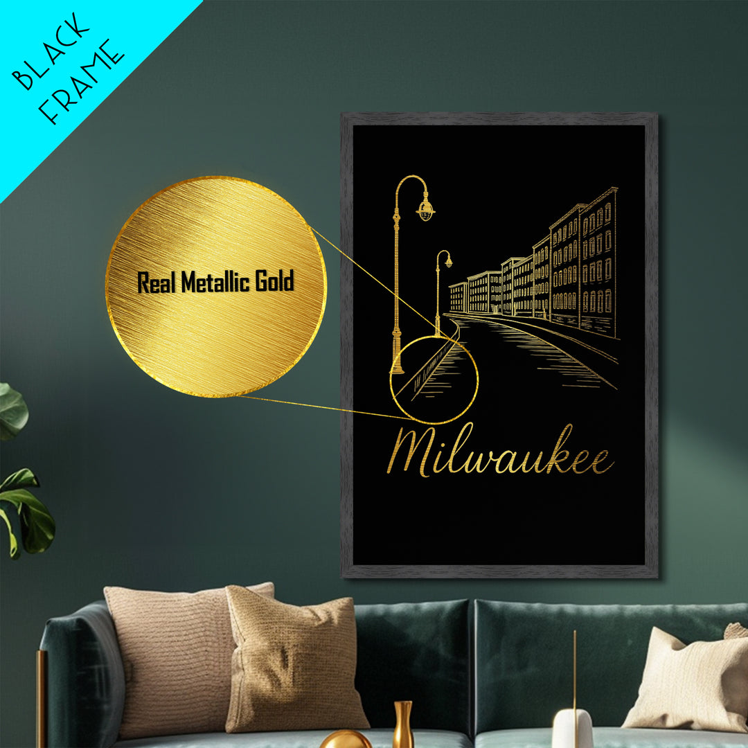 Milwaukee Wisconsin Art, Metallic Gold Print, Wood Framed Art, Metal Art, Birthday Gift, Living Room Art, Entryway Wall Print