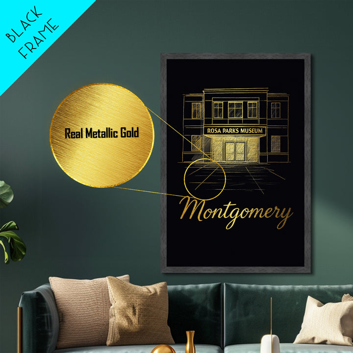 Montgomery Alabama Travel, Metallic Gold Print, Wood Framed Art, Metal Art, Honeymoon Gift, Living Room Art, Bedroom Wall Art