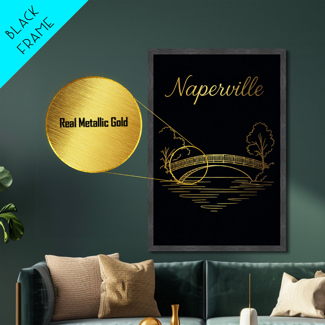 Naperville Illinois Travel, Metallic Gold Art, Wood Framed Art, Metal Art, Anniversary Gift, Bedroom Wall Art, Hallway Wall Art