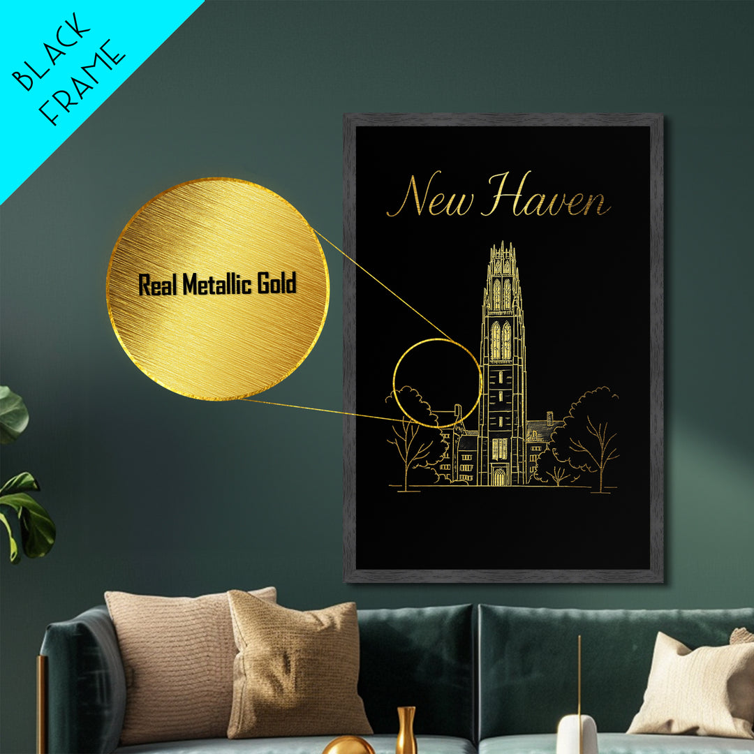 New Haven Connecticut Travel, Metallic Gold Print, Wood Framed Art, Metal Art, Minimalist Wall Art, Honeymoon Gift, Entryway Wall Print