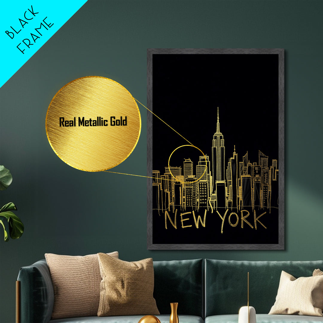 New York New York Travel, Metallic Gold Print, Wood Framed Art, Metal Art, Minimalist Wall Art, Destination Gift, Living Room Art