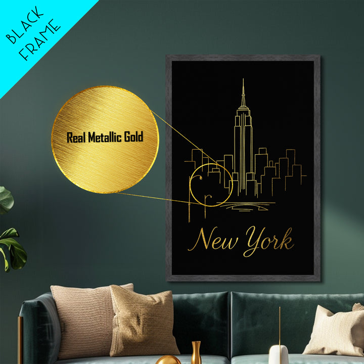 New York New York Art, Metallic Gold Art, Wood Framed Art, Metal Art, Minimalist Wall Art, Destination Gift, Living Room Art