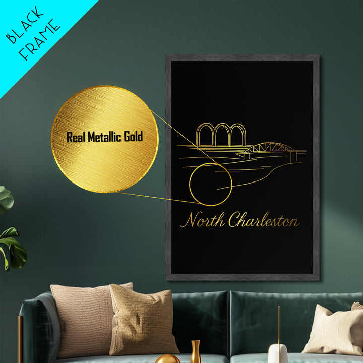North Charleston South Carolina Art, Metallic Gold Print, Wood Framed Art, Metal Art, Adventure Lover Gift, Hallway Wall Art, Bedroom Art