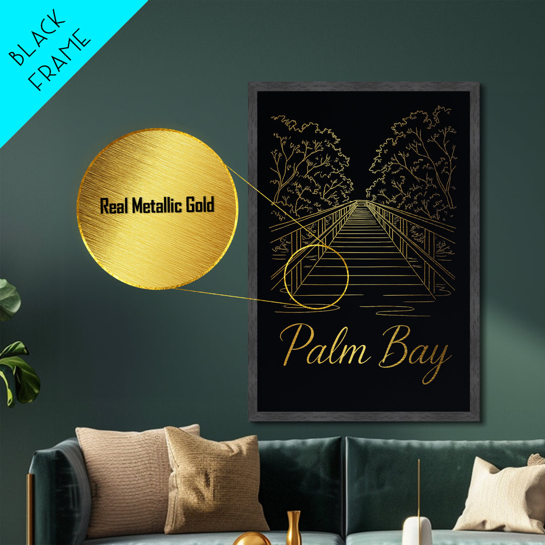 Palm Bay Florida Art, Metallic Gold Print, Wood Framed Art, Metal Art, Modern Wall Art, Adventure Lover Gift, Living Room Art
