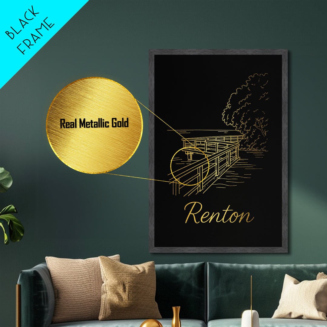 Renton Washington Travel, Metallic Gold Print, Wood Framed Art, Metal Art, Minimalist Wall Art, Destination Gift, Office Decor