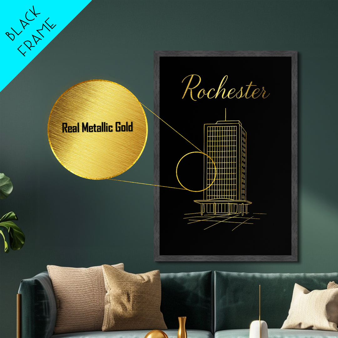 Rochester New York Art, Metallic Gold Art, Wood Framed Art, Metal Art, Minimalist Wall Art, Destination Gift, Living Room Decor