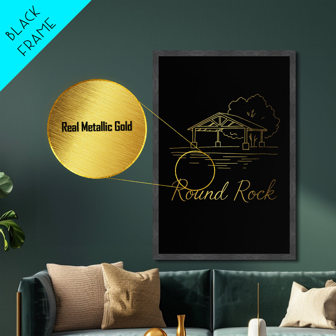 Round Rock Texas Art, Metallic Gold Art, Wood Framed Art, Metal Art, Minimalist Wall Art, Anniversary Travel Gift, Office Decor
