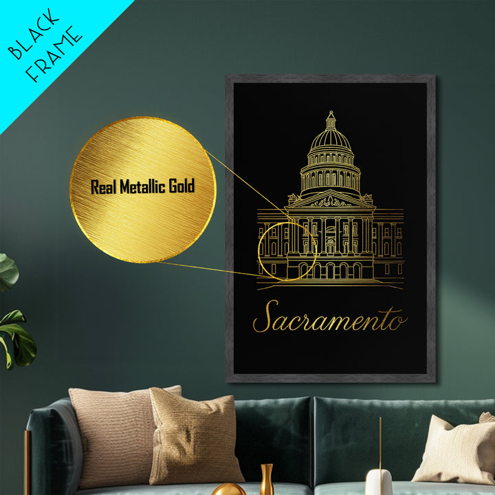 Sacramento California Travel, Metallic Gold Print, Wood Framed Art, Metal Art, Modern Wall Art, Graduation Travel Gift, Bedroom Decor