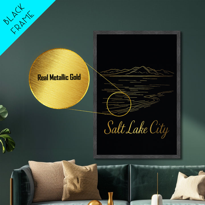 Salt Lake City Utah Travel, Metallic Gold Print, Wood Framed Art, Metal Art, Modern Wall Art, Anniversary Travel Gift, Living Room Decor