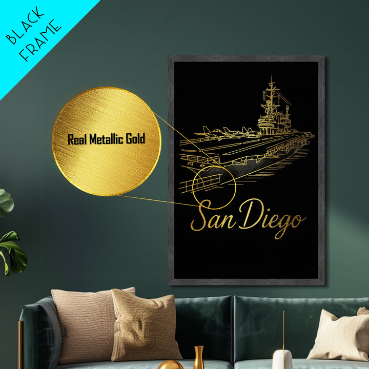 San Diego California Art, Metallic Gold Art, Wood Framed Art, Metal Art, Modern House Art, Wanderlust Gift, Living Room Decor