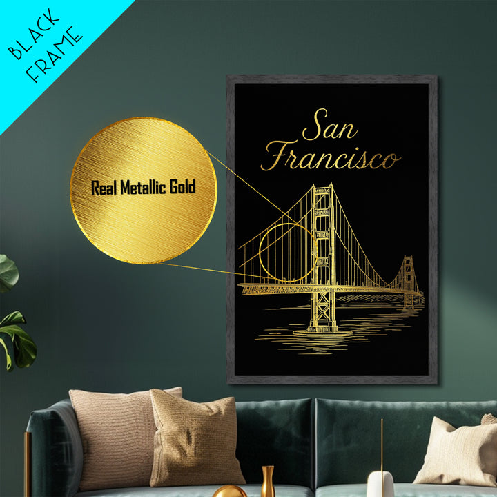 San Francisco California Art, Metallic Gold Art, Wood Framed Art, Metal Art, Minimalist Wall Art, Birthday Travel Gift, Living Room Decor