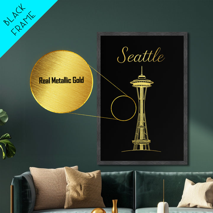 Seattle Washington Travel, Metallic Gold Print, Wood Framed Art, Metal Art, Modern Wall Art, Wanderlust Gift, Living Room Decor
