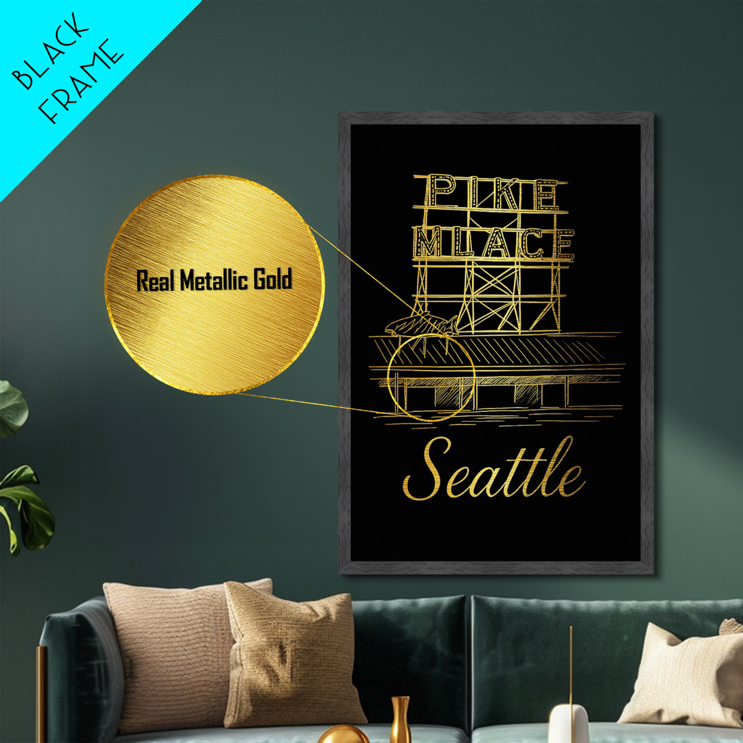 Seattle Washington Art, Metallic Gold Art, Wood Framed Art, Metal Art, Minimalist Wall Art, Anniversary Travel Gift, Bedroom Decor