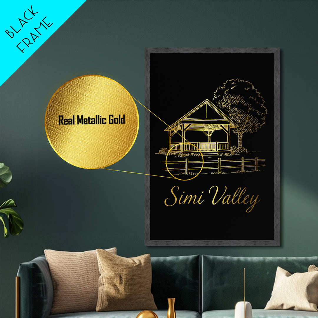 Simi Valley California Travel, Metallic Gold Print, Wood Framed Art, Metal Art, Modern Wall Art, Honeymoon Gift, Bedroom Decor