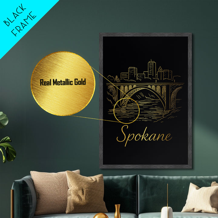 Spokane Washington Art, Metallic Gold Art, Wood Framed Art, Metal Art, Modern House Art, Honeymoon Gift, Living Room Decor