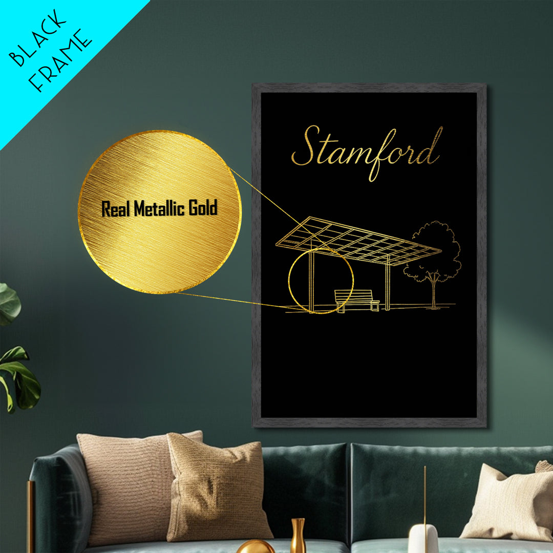 Stamford Connecticut Art, Metallic Gold Art, Wood Framed Art, Metal Art, Modern Wall Art, Traveler Gift, Living Room Decor