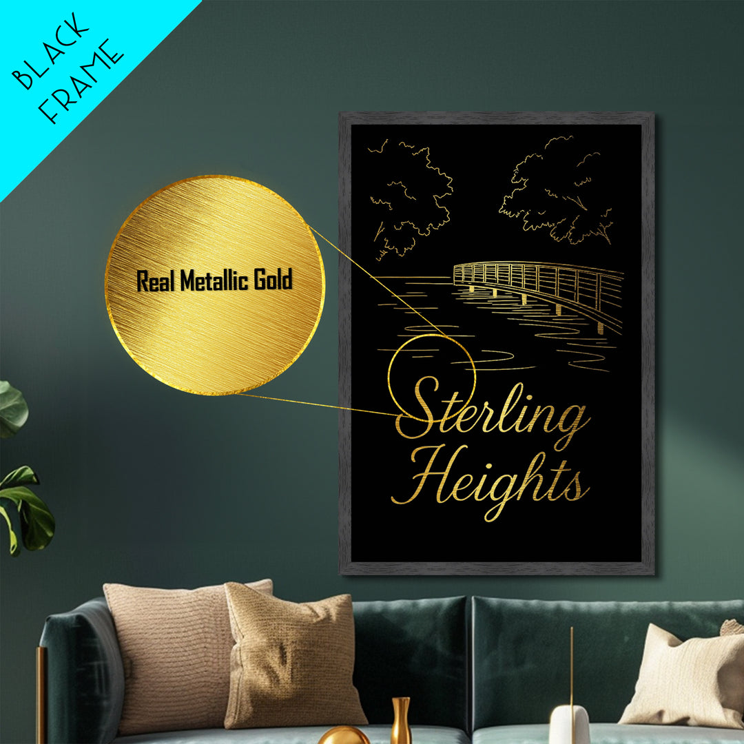Sterling Heights Michigan Art, Metallic Gold Art, Wood Framed Art, Metal Art, Modern House Art, Birthday Travel Gift, Home Decor