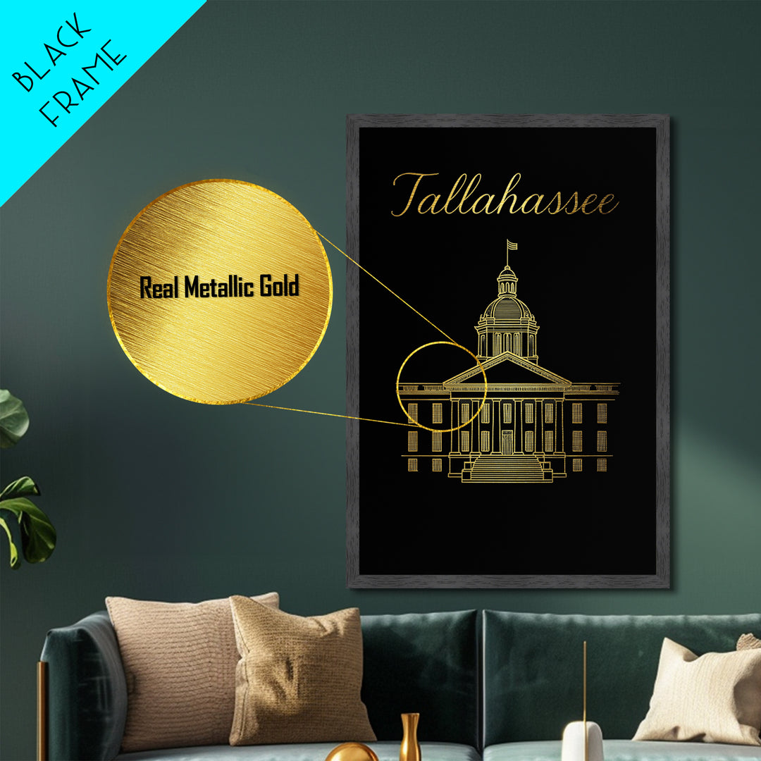 Tallahassee Florida Travel, Metallic Gold Print, Wood Framed Art, Metal Art, Modern House Art, Wanderlust Gift, Living Room Decor