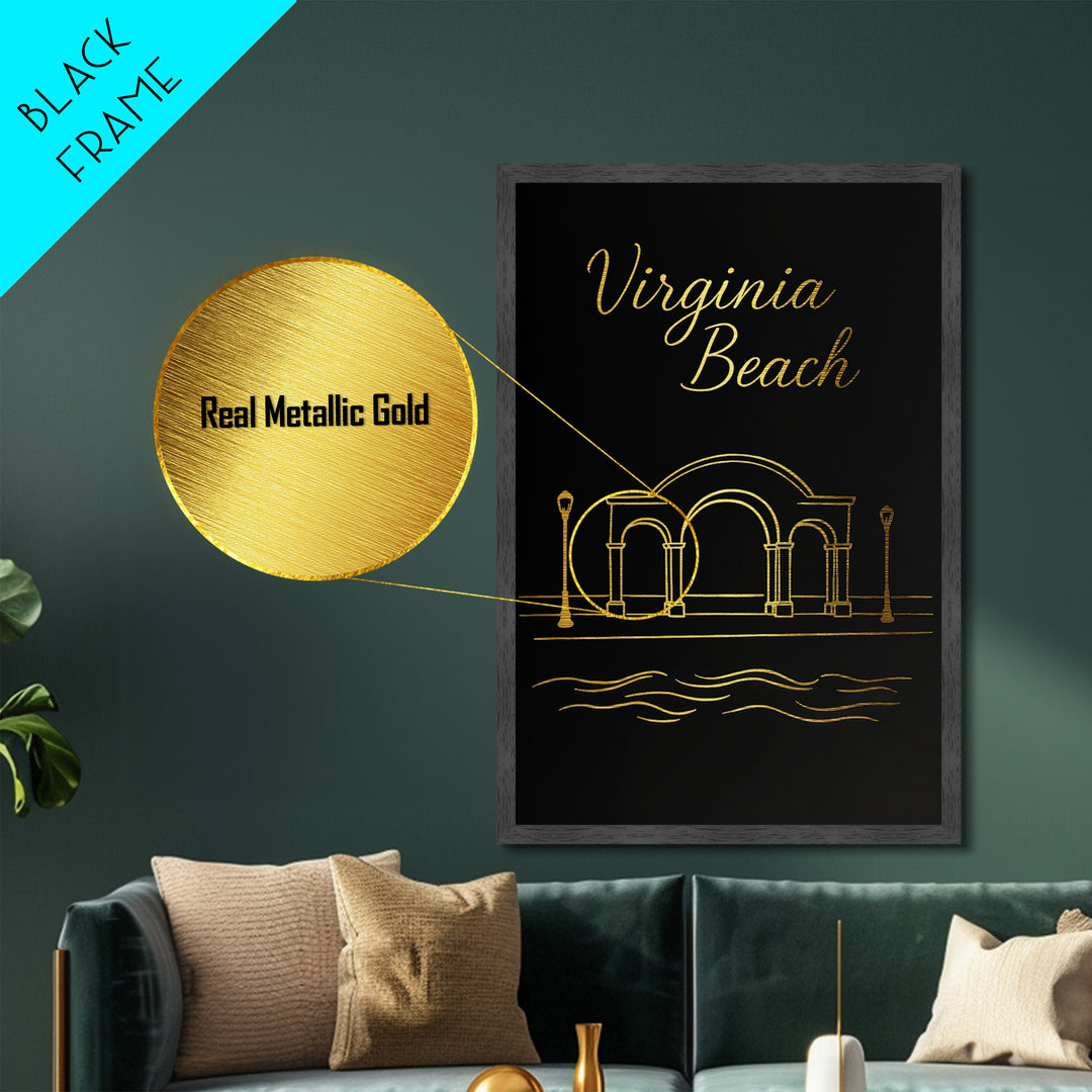 Virginia Beach Virginia Art, Metallic Gold Art, Wood Framed Art, Metal Art, Minimalist Wall Art, Wanderlust Gift, Office Decor