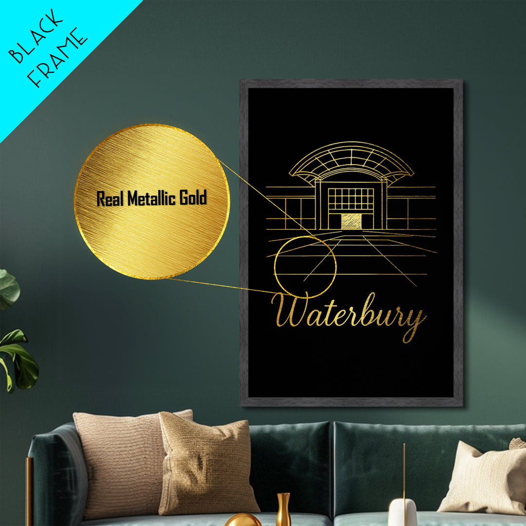 Waterbury Connecticut Travel, Metallic Gold Print, Wood Framed Art, Metal Art, Minimalist Wall Art, Honeymoon Gift, Living Room Decor