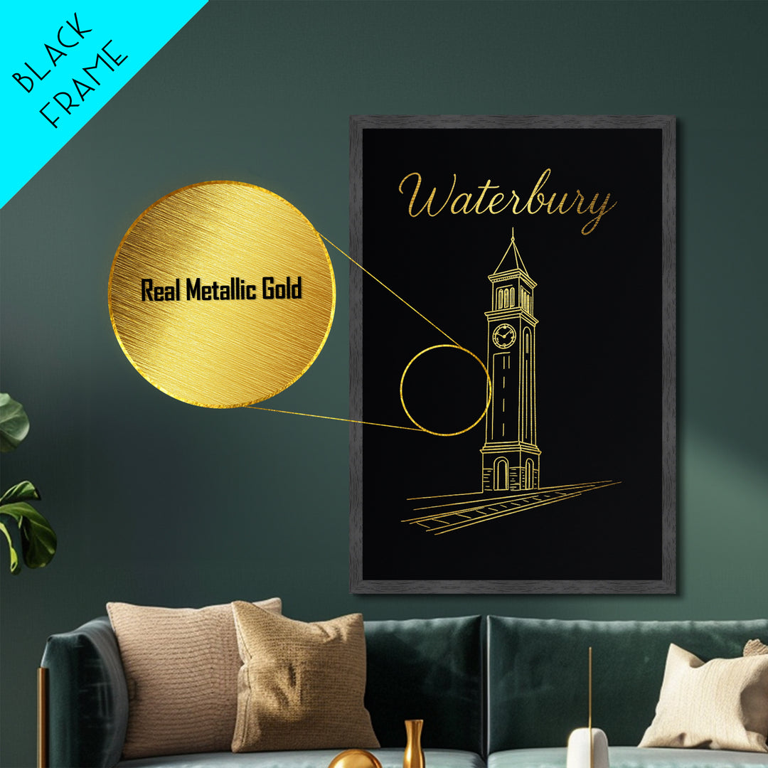 Waterbury Connecticut Travel, Metallic Gold Print, Wood Framed Art, Metal Art, Modern Wall Art, Retirement Travel Gift, Office Decor