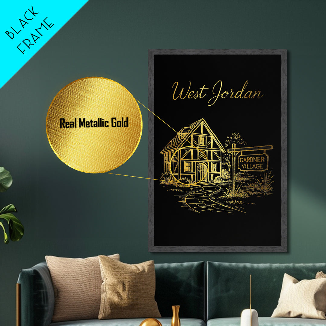 West Jordan Utah Art, Metallic Gold Art, Wood Framed Art, Metal Art, Modern House Art, Birthday Travel Gift, Living Room Decor