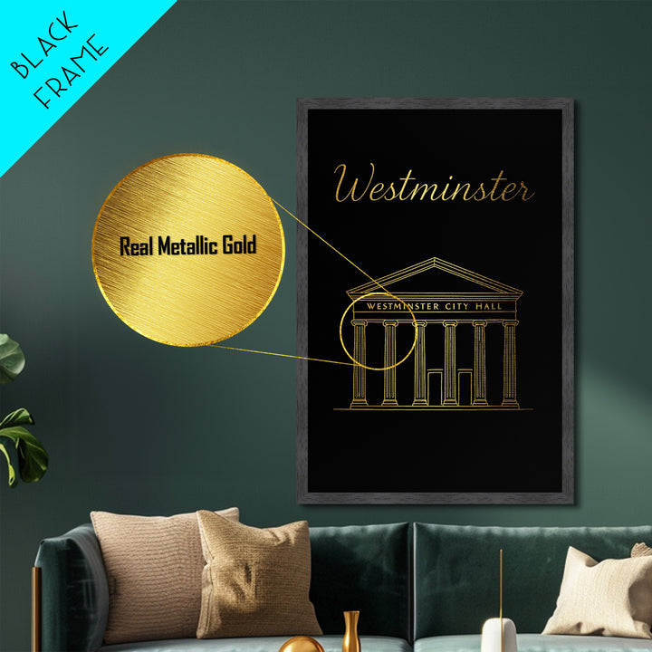 Westminster California Travel, Metallic Gold Print, Wood Framed Art, Metal Art, Modern Wall Art, Graduation Travel Gift, Living Room Decor